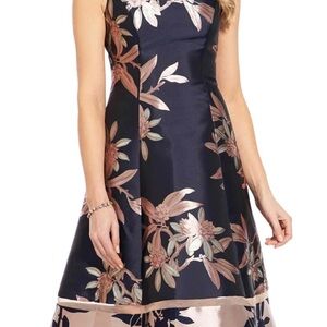 Adrianna Papell Navy and Rose Gold Floral Midi Dress